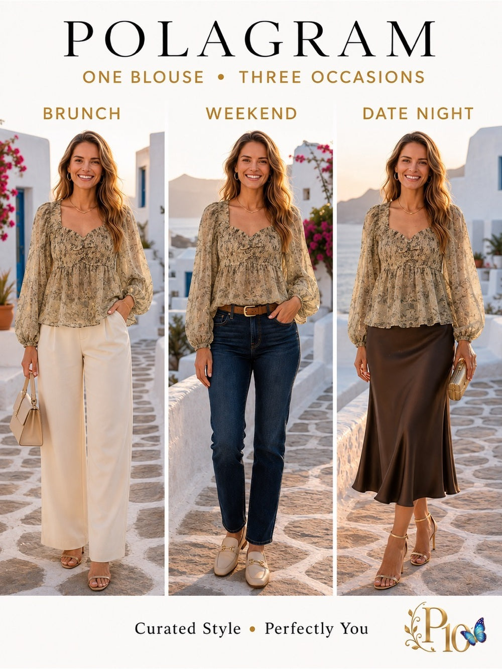 Polagram Neutral Floral Smocked Blouse