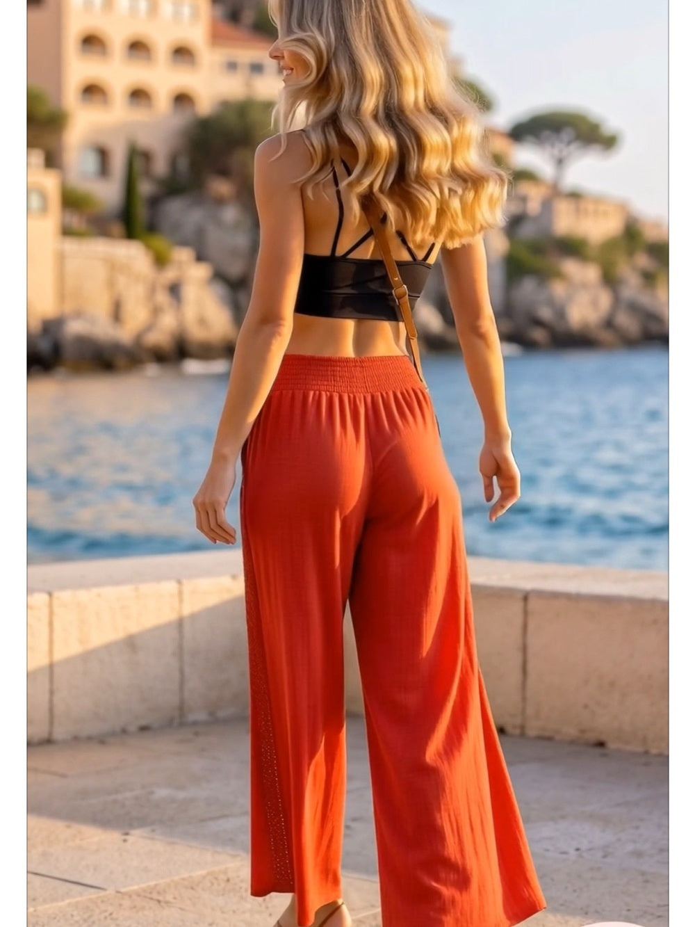 Zenana Black Bralette and Poppy Red Wide-Leg Pants Set