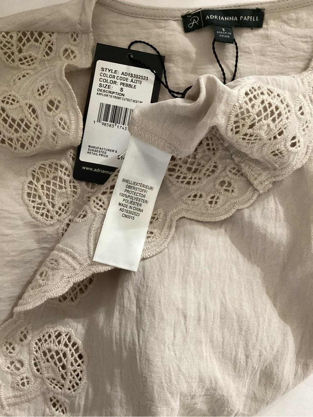 Adrianna Papell Pebble Beige Crochet Trim Vest