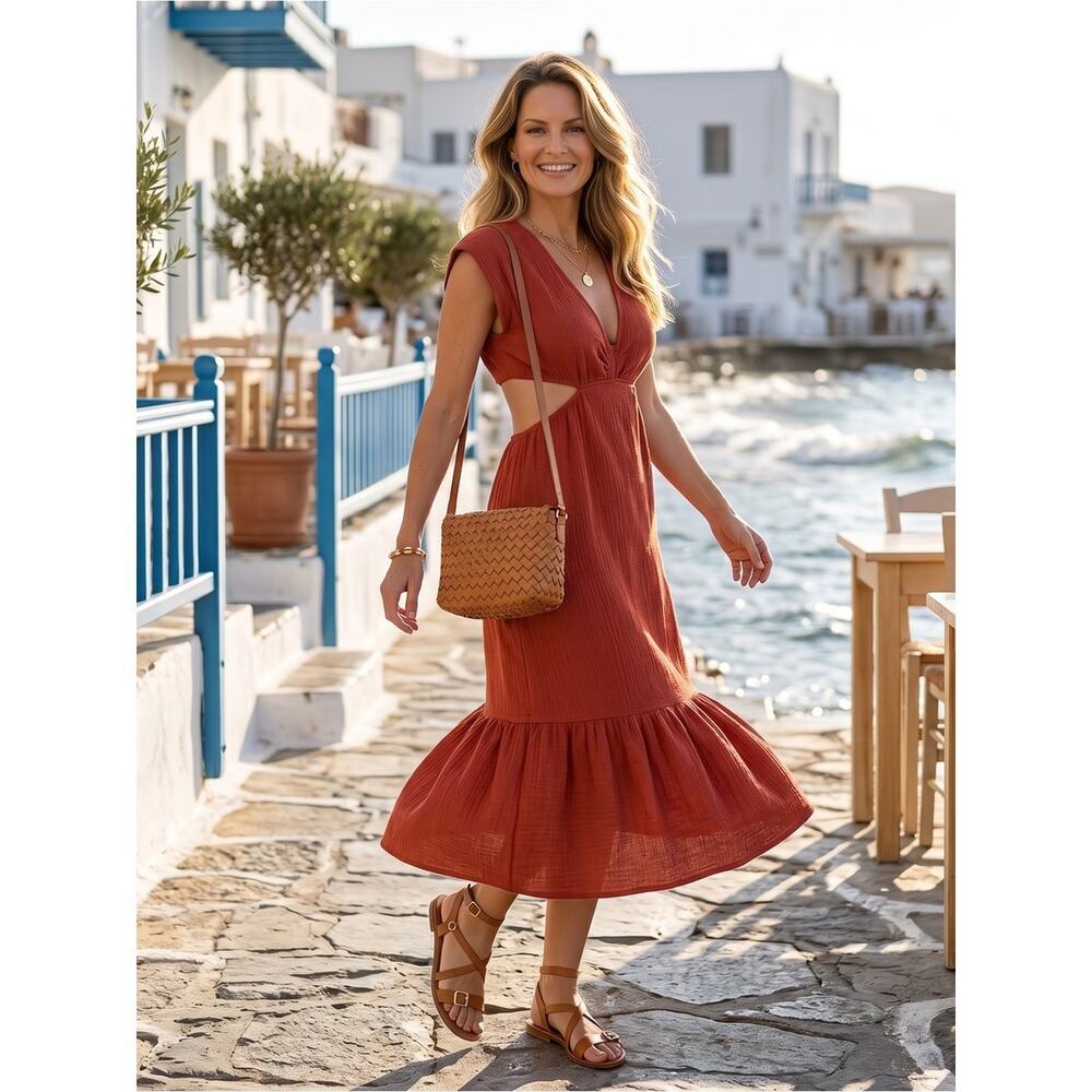 The Korner Brick Red Cotton Midi Dress