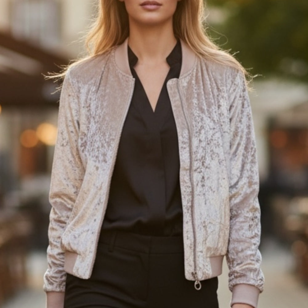 Blush Champagne Crushed Velvet Bomber Jacket