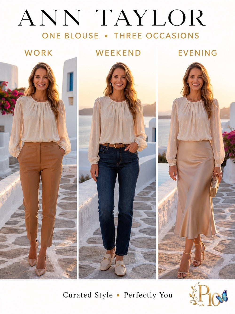 Ann Taylor Cream Blouse with Gold Detail