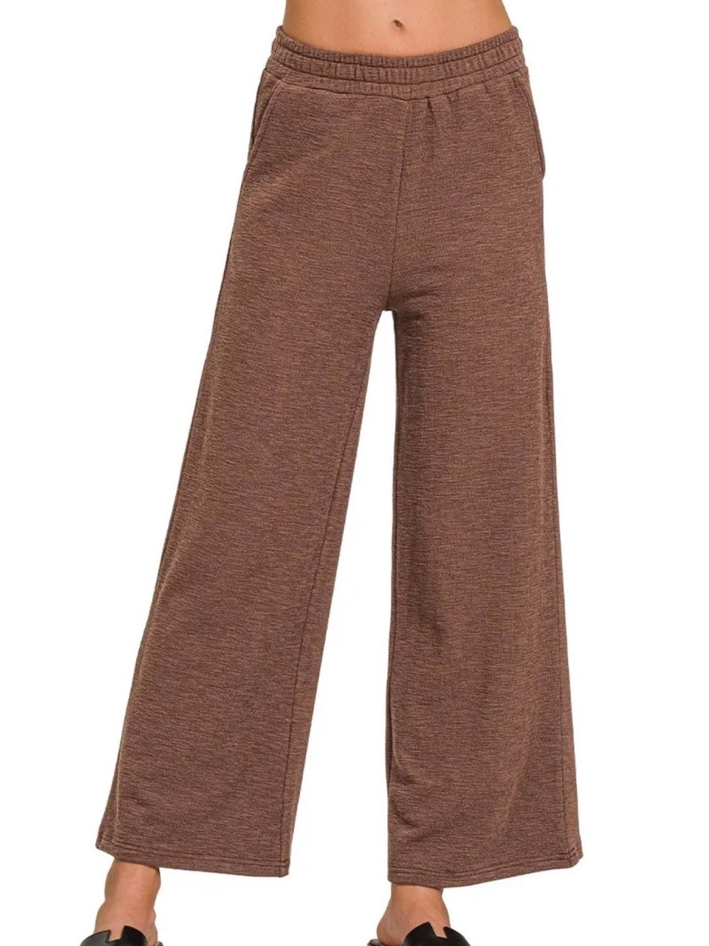 Zenana Black Bralette and Brown Wide-Leg Pants Set