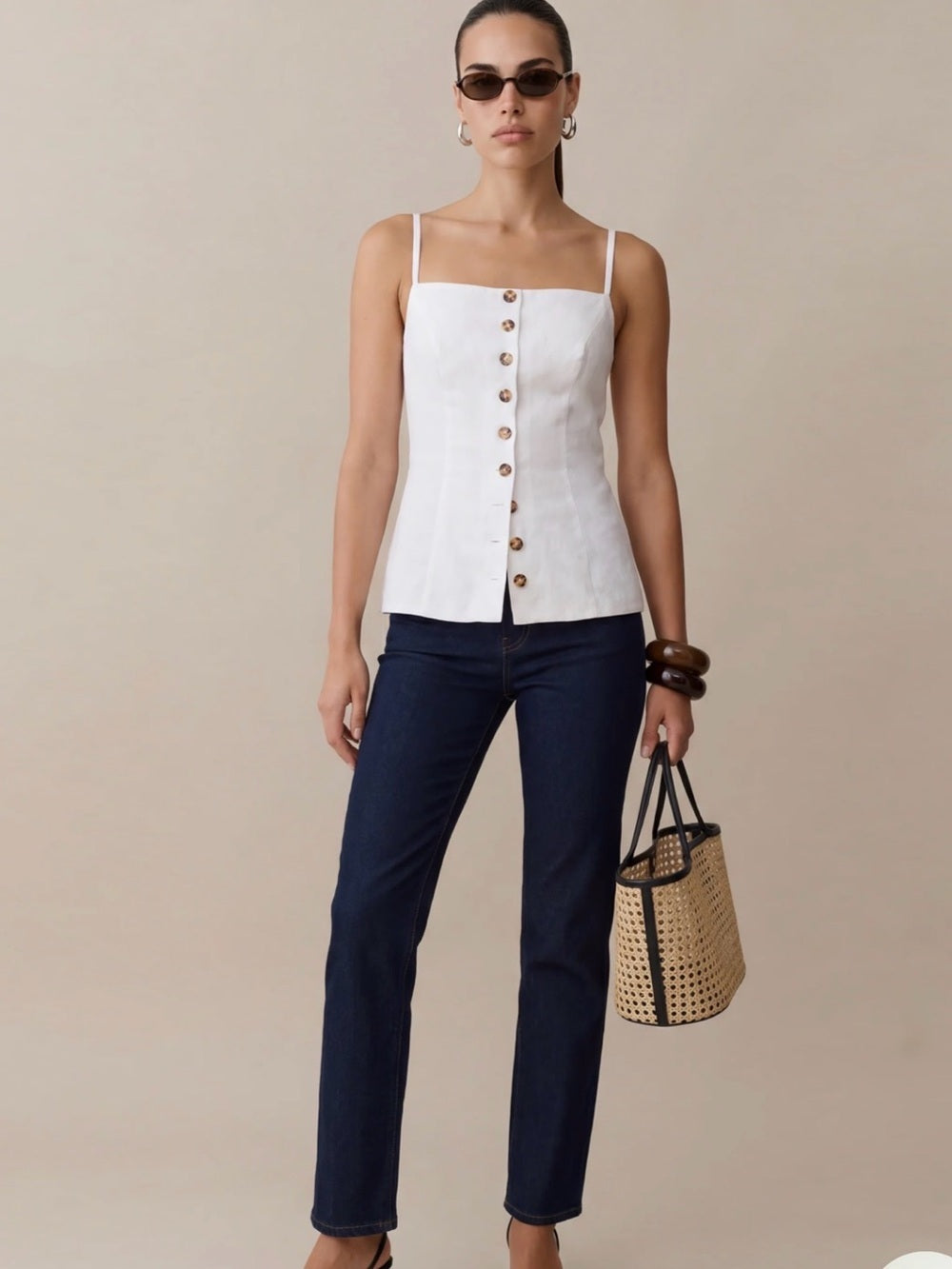 kourt Cecille White Linen Button-Front Top