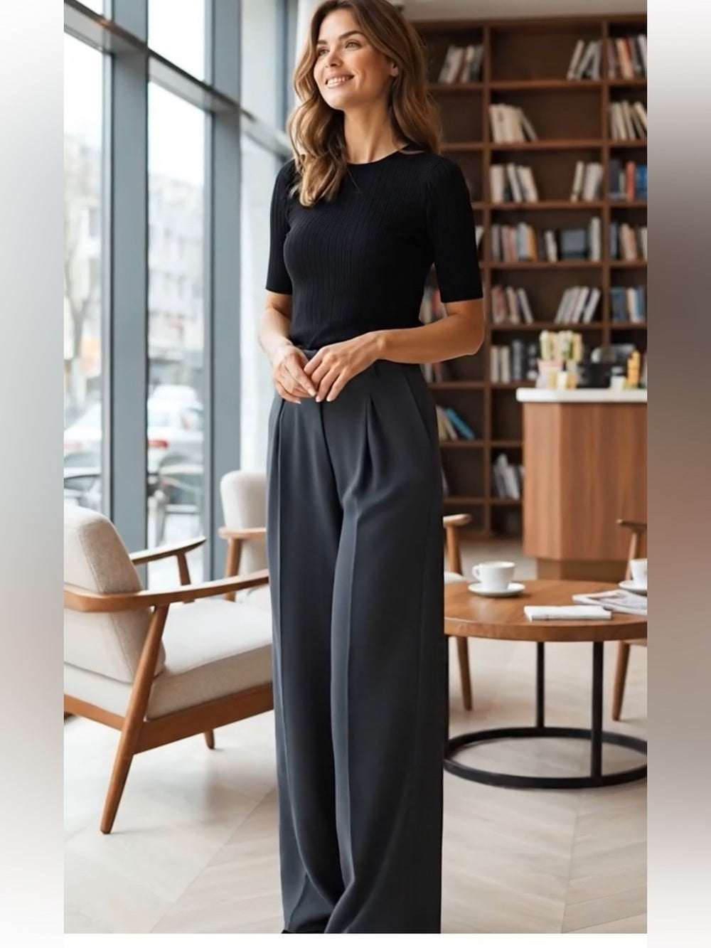 Black High-Rise Wide-Leg Trousers