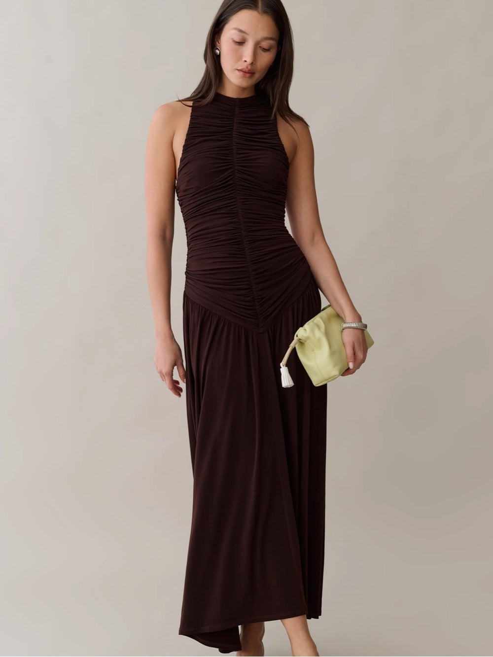 o.p.t Shania Coffee Ruched High-Neck Maxi Dress