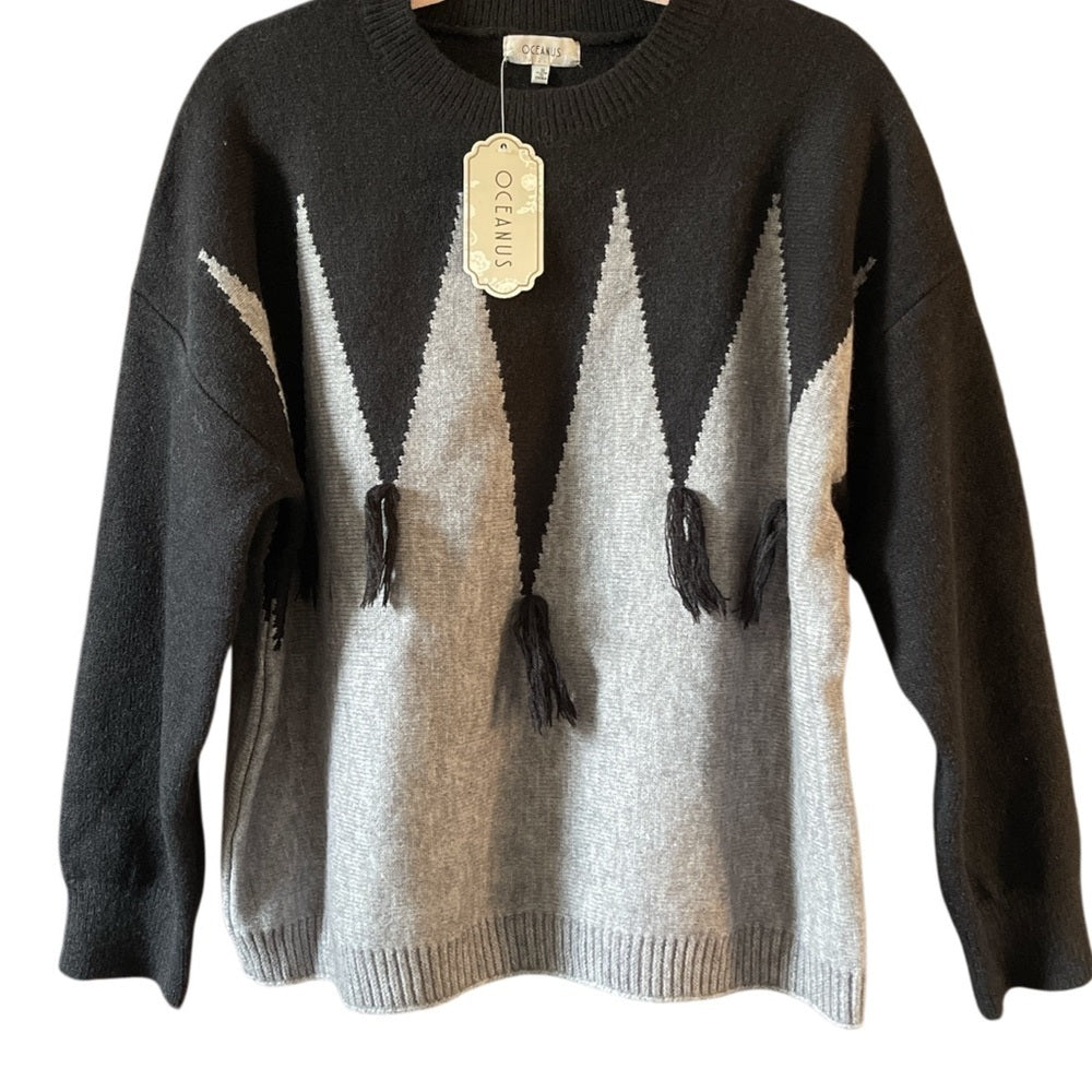 Oceanus Black and Gray Tassel Colorblock Sweater
