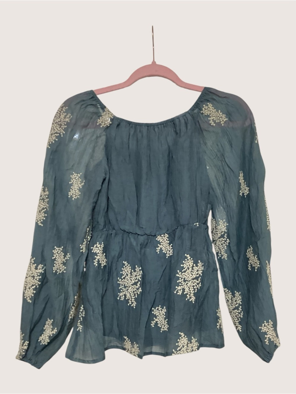 Polagram Blue Embroidered Smocked Blouse