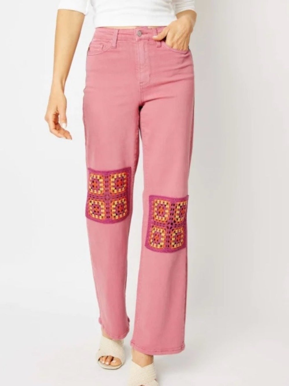 Judy Blue Dusty Pink Crochet Patch Wide-Leg Jeans