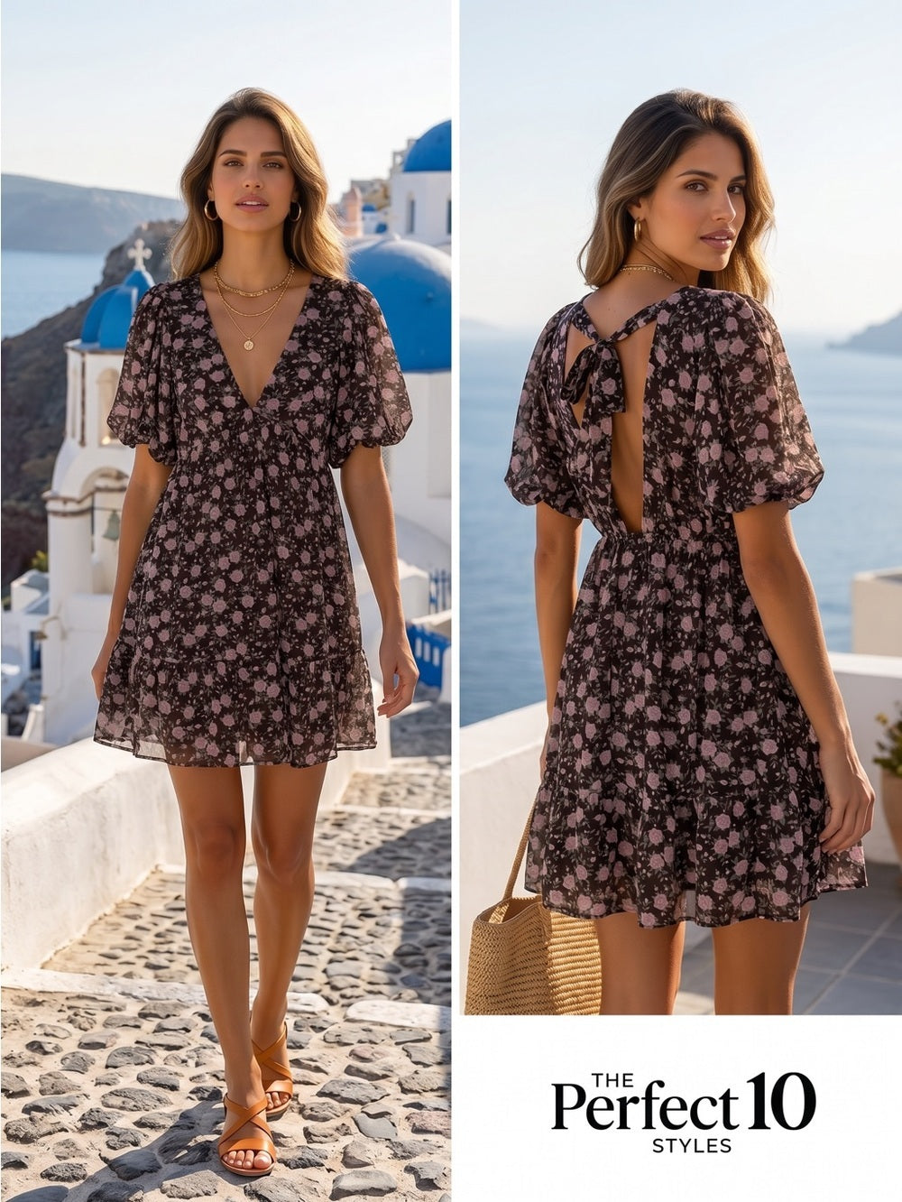 Wine Mauve Rose Print Puff Sleeve Dress