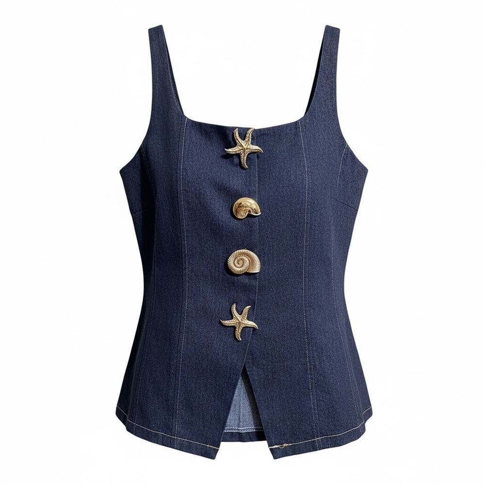 Pastel Denim Vest with Starfish and Shell Buttons