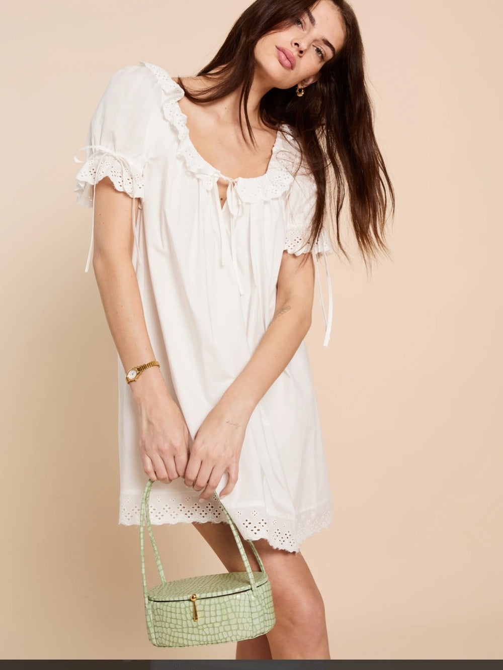 kourt Juliet White Cotton Eyelet Mini Dress