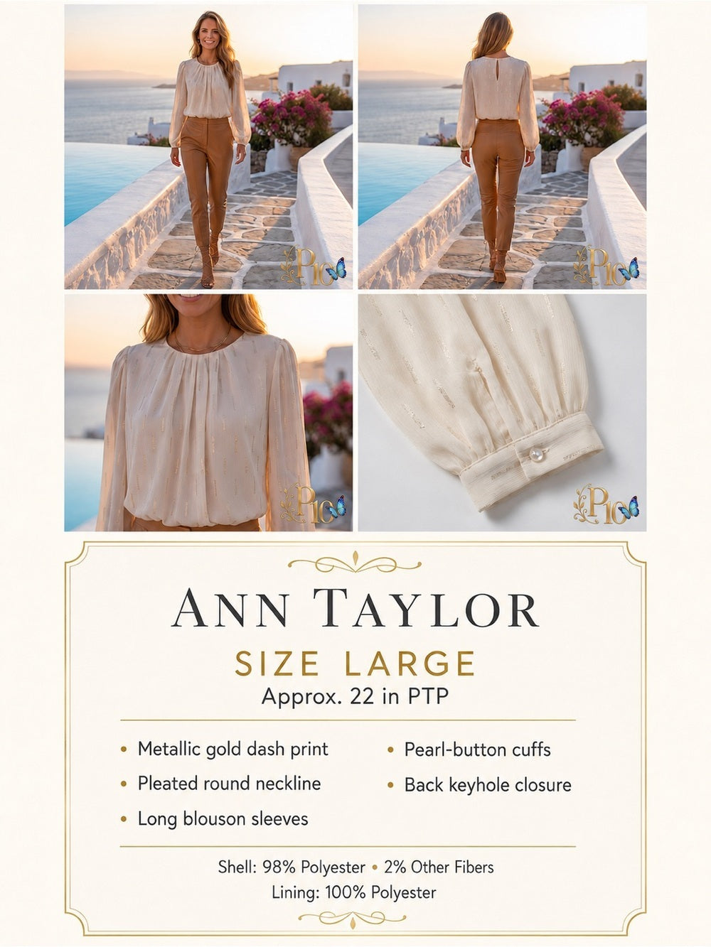 Ann Taylor Cream Blouse with Gold Detail