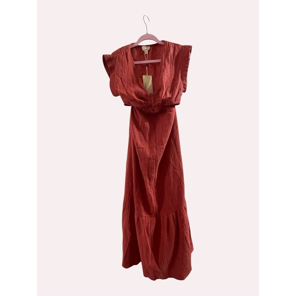 The Korner Brick Red Cotton Midi Dress
