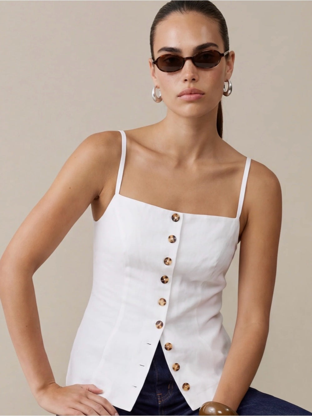 kourt Cecille White Linen Button-Front Top
