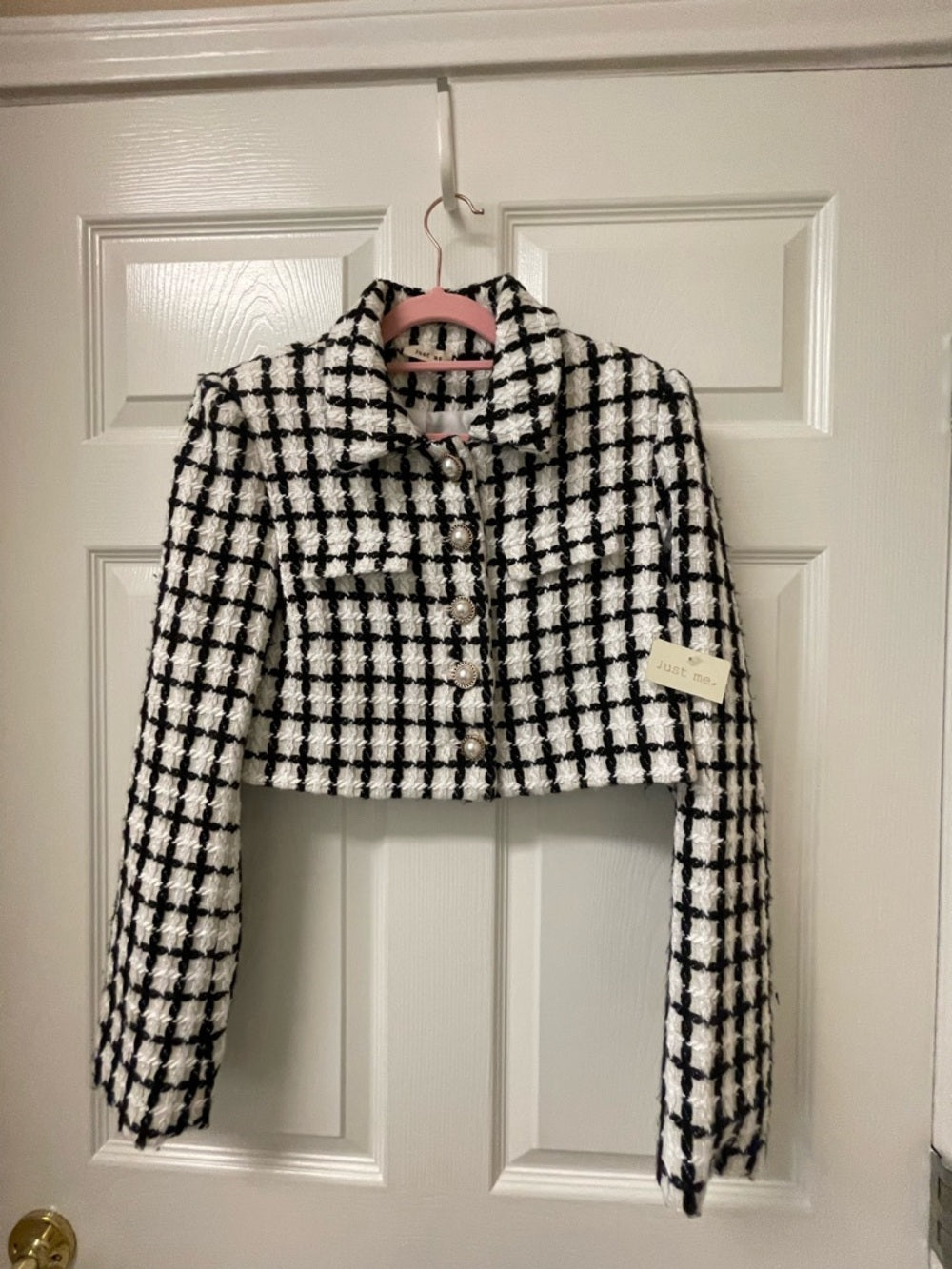 Just Me Black and White Windowpane Cropped Jacket