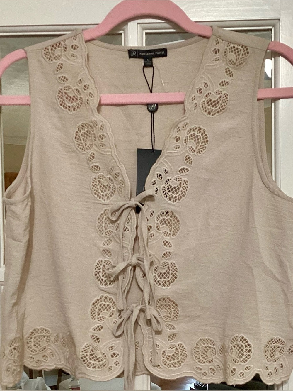 Adrianna Papell Pebble Beige Crochet Trim Vest
