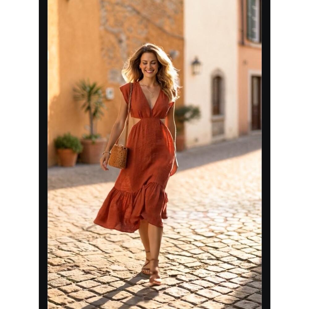 The Korner Brick Red Cotton Midi Dress
