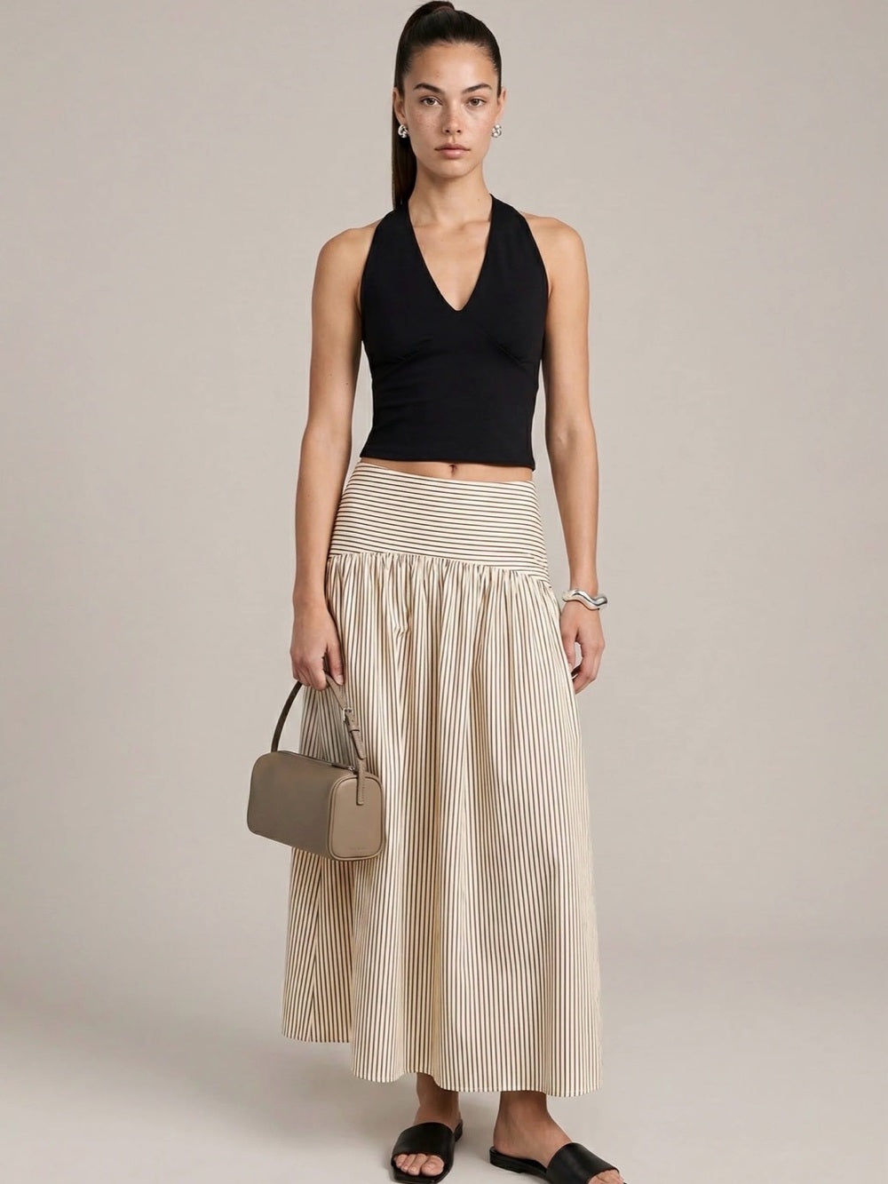 CAARA Vashti Cream and Brown Striped Maxi Skirt