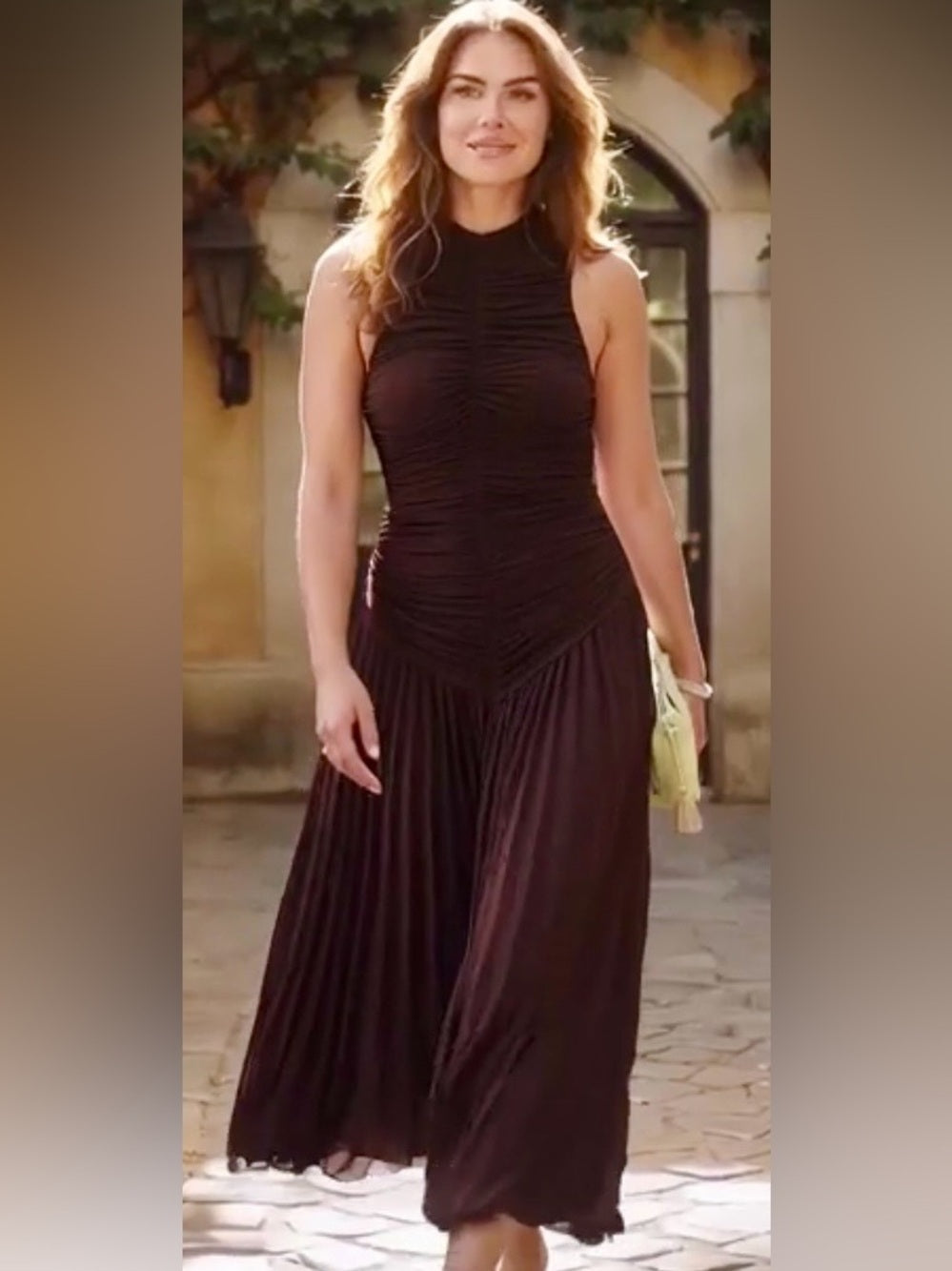 o.p.t Shania Coffee Ruched High-Neck Maxi Dress
