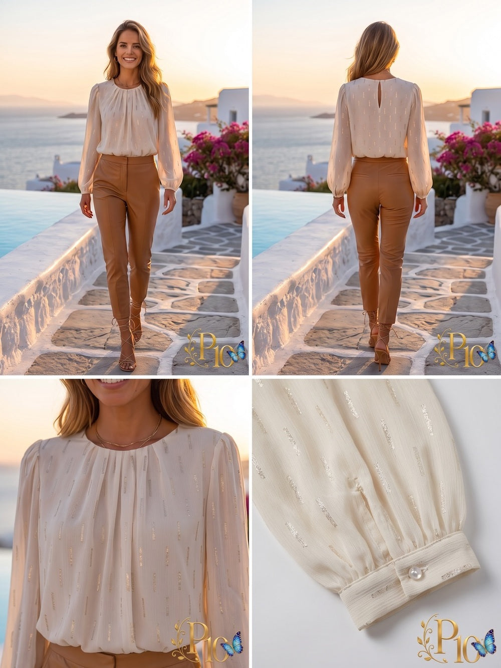 Ann Taylor Cream Blouse with Gold Detail