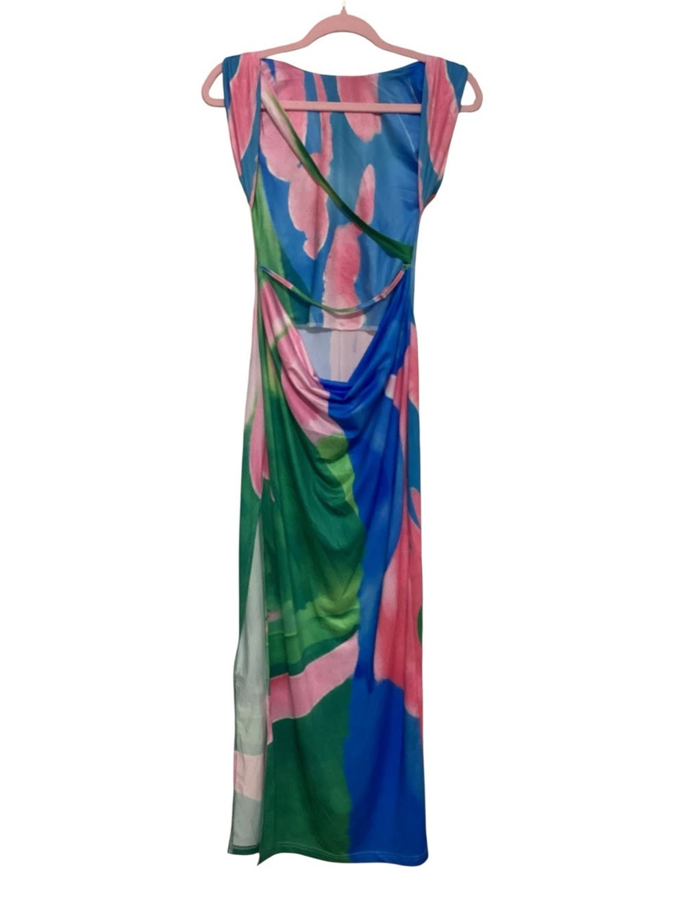 Watercolor Print Open-Back Maxi Dress