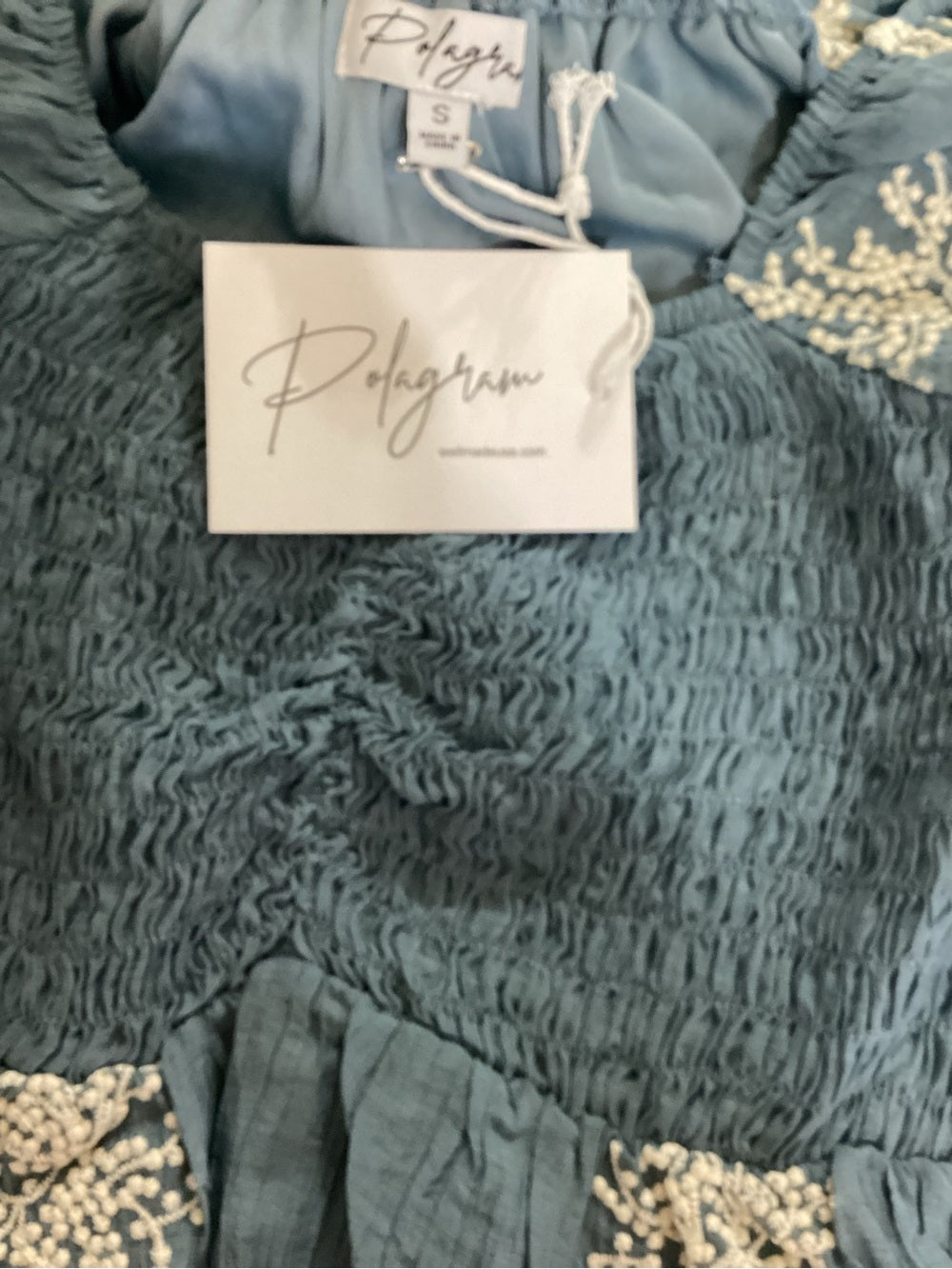 Polagram Blue Embroidered Smocked Blouse
