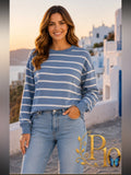 Blue and White Striped Oversized Long Sleeve Top