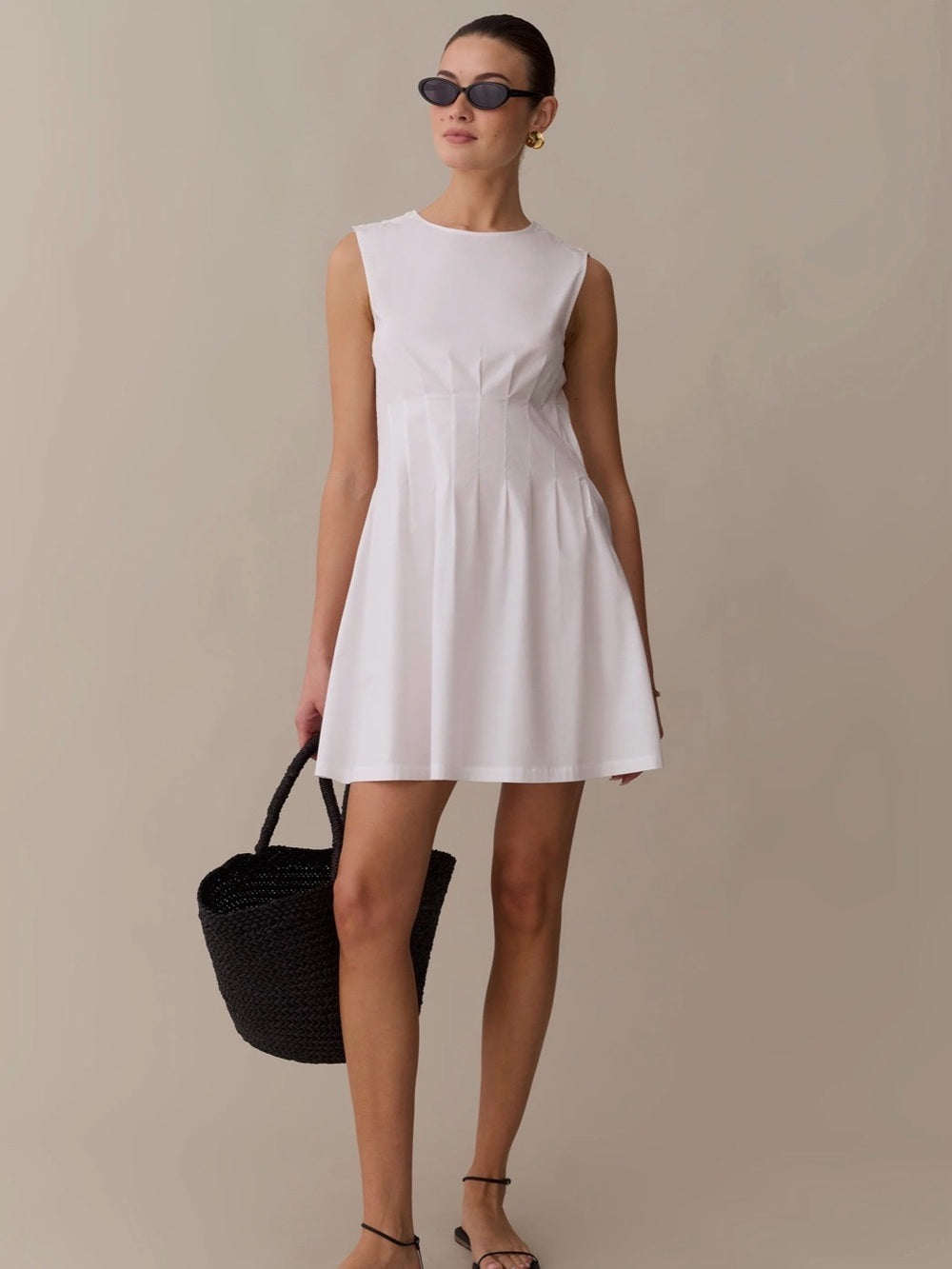 kourt Virginia White Cotton Pintuck Mini Dress