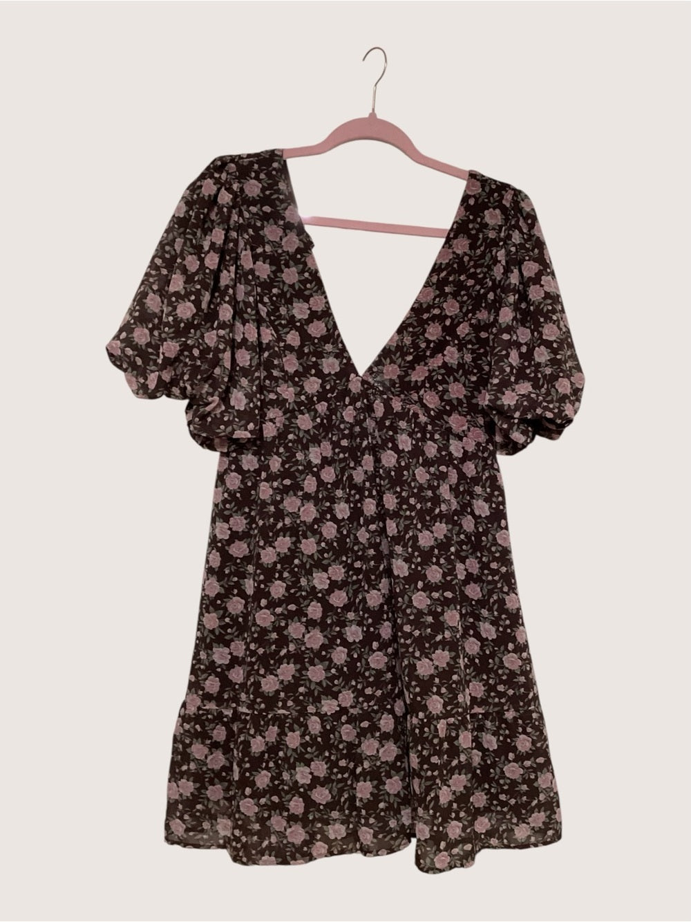 Wine Mauve Rose Print Puff Sleeve Dress