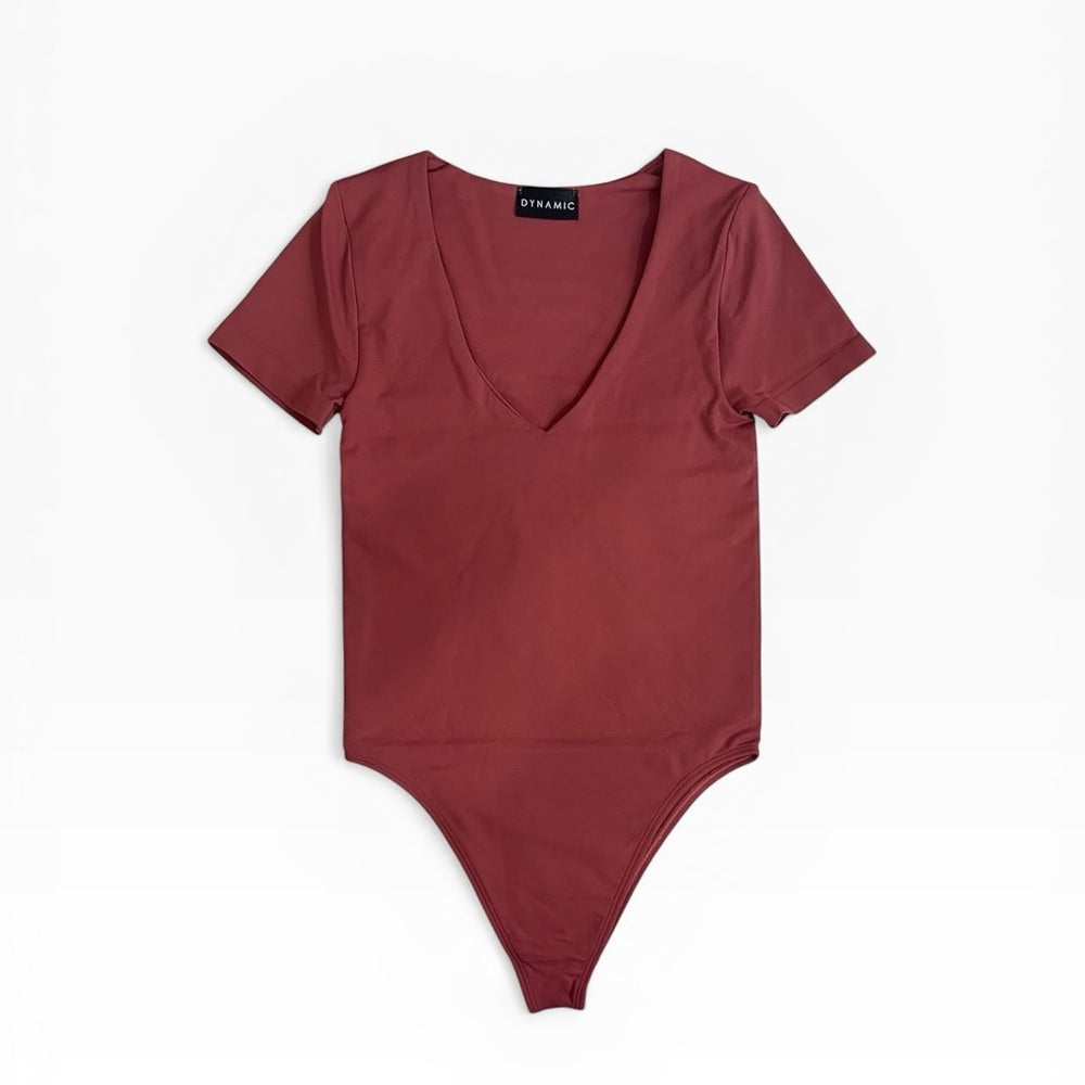 Dynamic Maroon Double-Lined V-Neck Bodysuit
