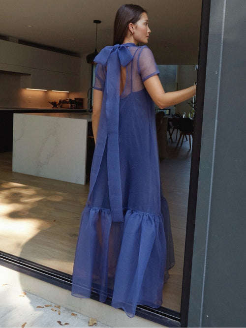 CAARA Melody Navy Organza Maxi Dress with Slip