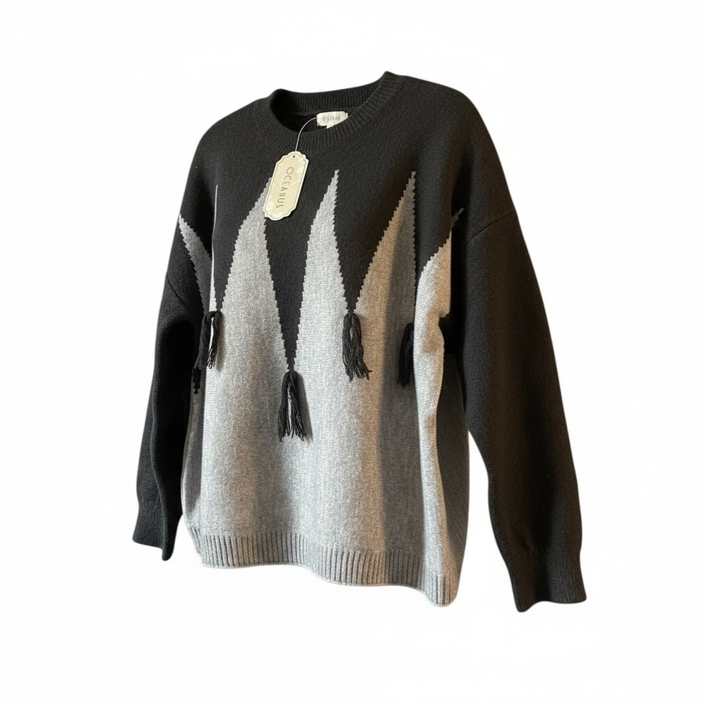 Oceanus Black and Gray Tassel Colorblock Sweater