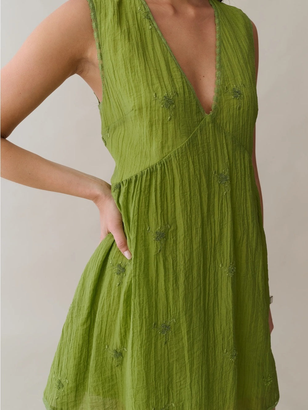 kourt Stefania Grass Green Embroidered Mini Dress