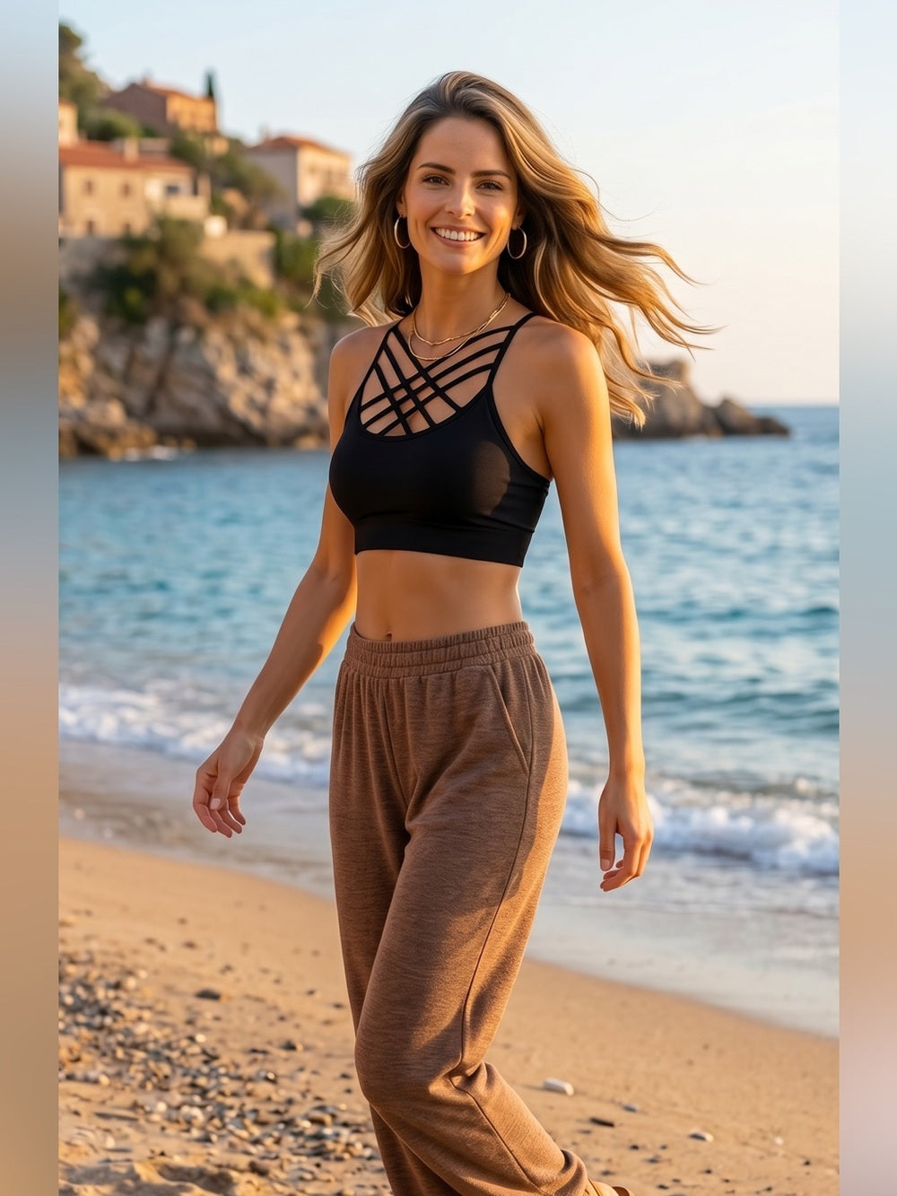 Zenana Black Bralette and Brown Wide-Leg Pants Set