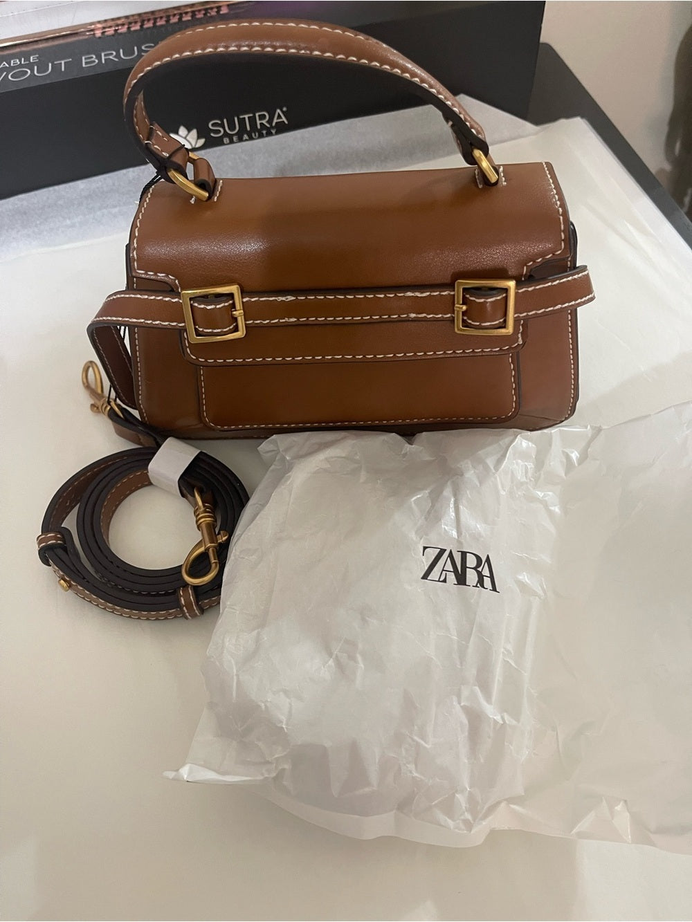 Zara Mini City Buckle Camel Brown Crossbody Bag