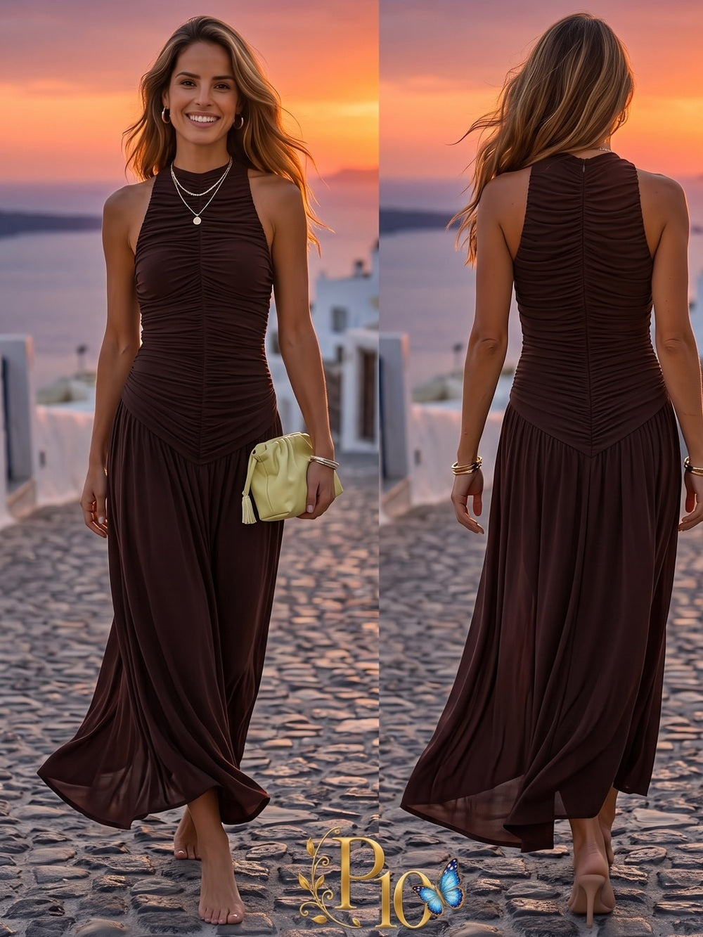 o.p.t Shania Coffee Ruched High-Neck Maxi Dress