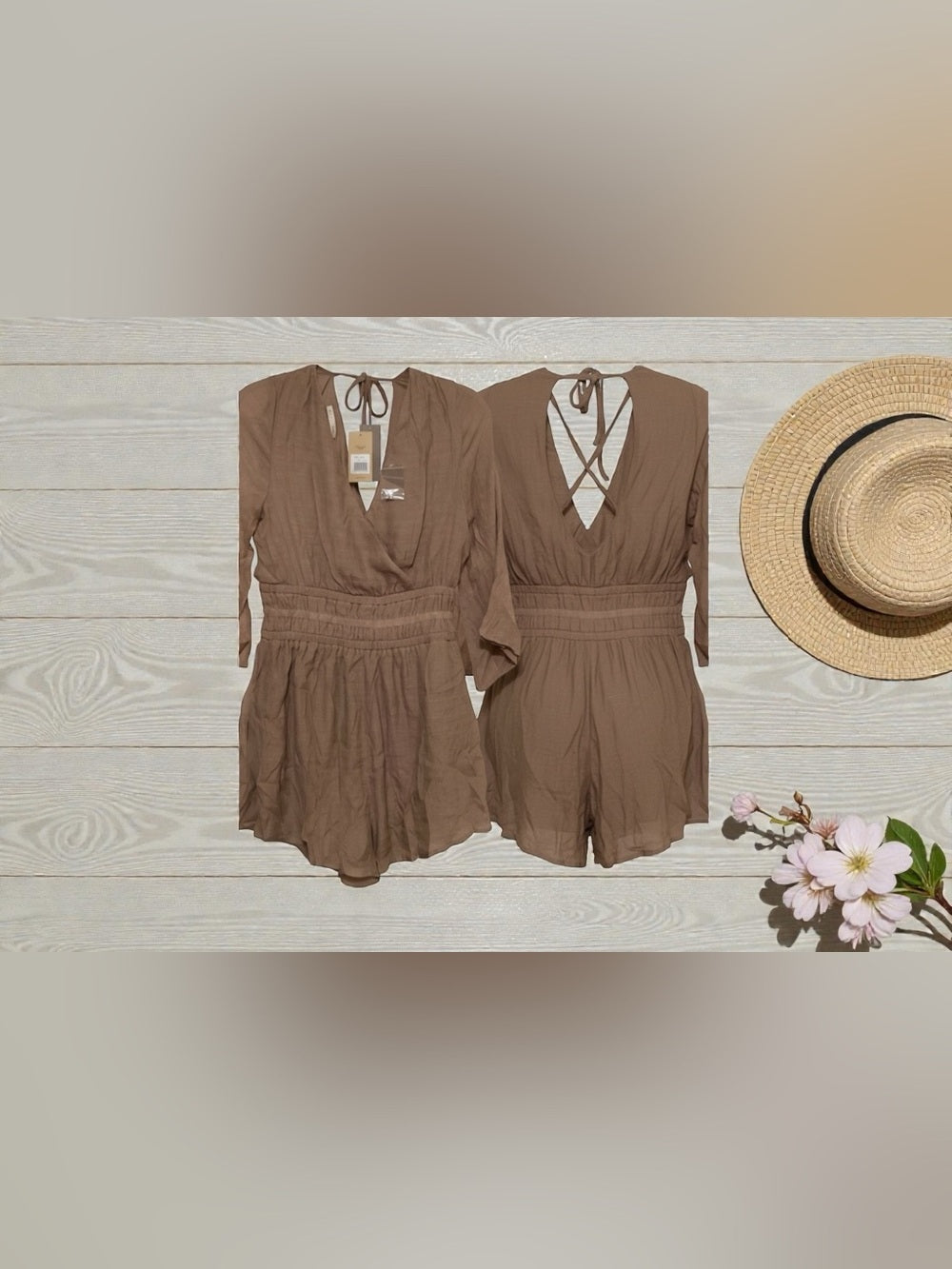 Open-Back Taupe Romper with Pockets