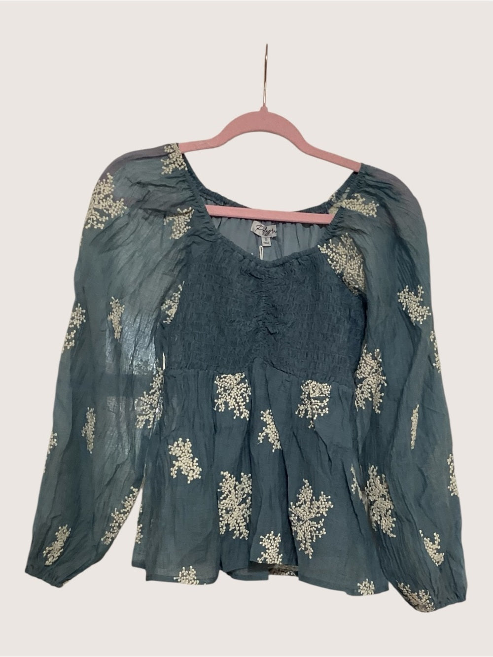 Polagram Blue Embroidered Smocked Blouse