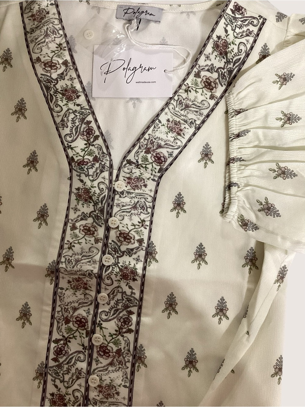 Polagram Cream Floral Border Print Blouse