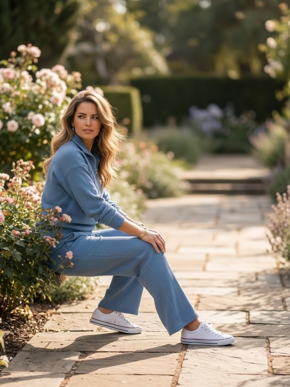 Zenana Slate Blue Half-Zip Lounge Set