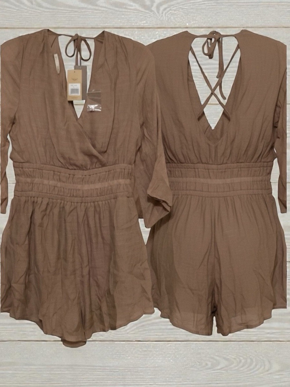 Open-Back Taupe Romper with Pockets
