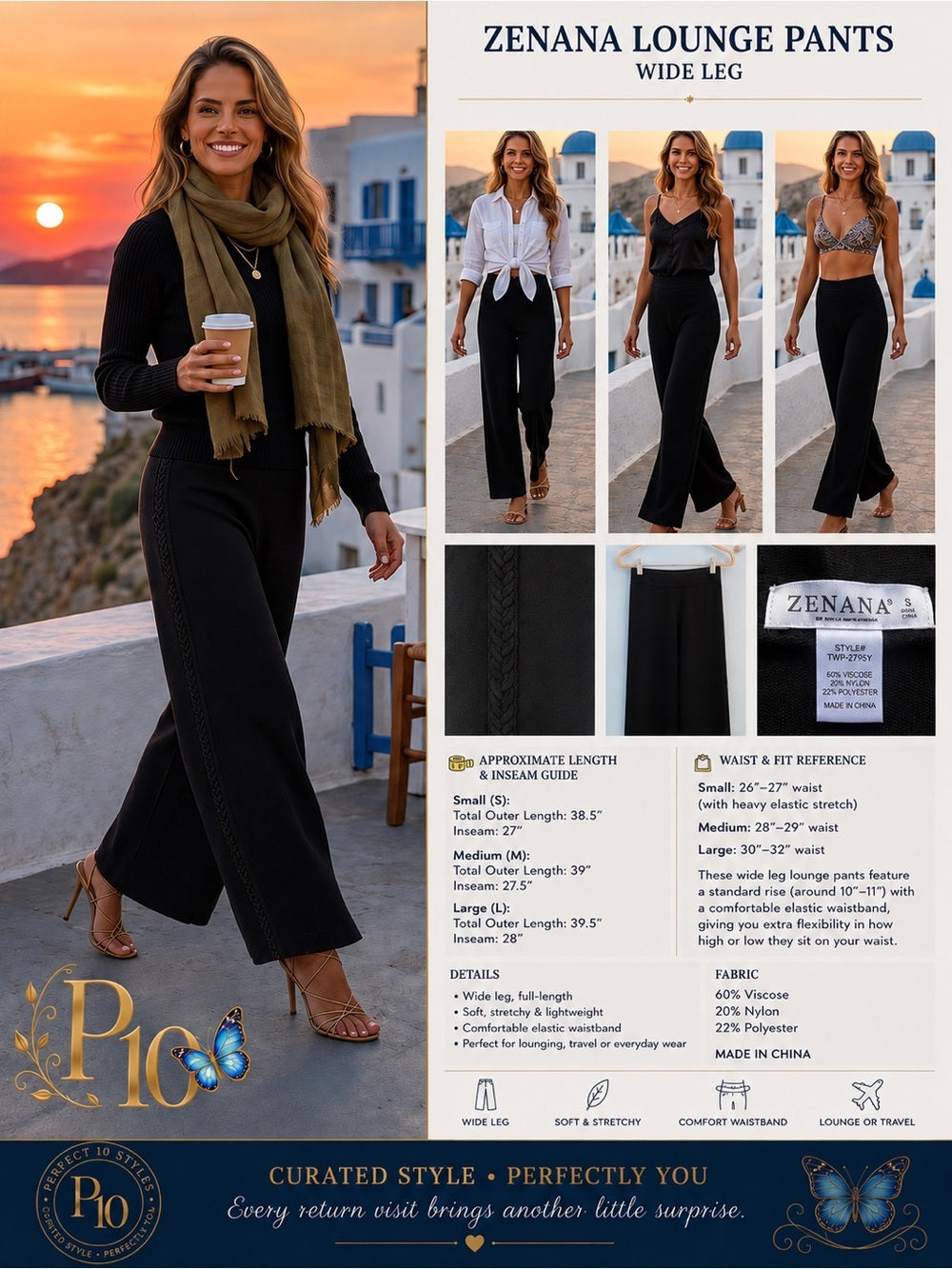 Zenana Black Wide-Leg Pants with Braided Side Detail