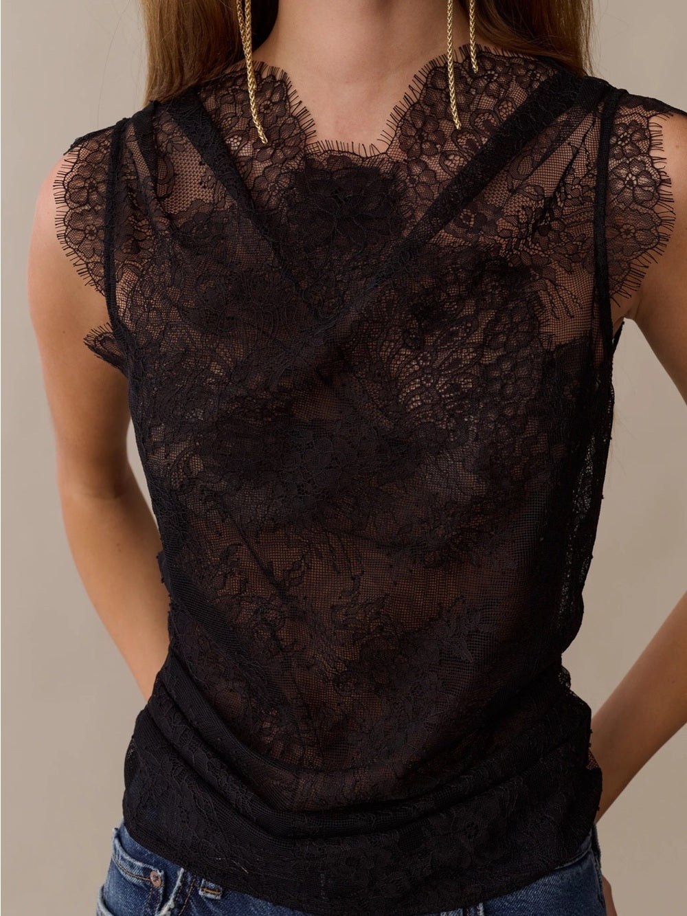 o.p.t Clarissa Black Sheer Lace High-Neck Top