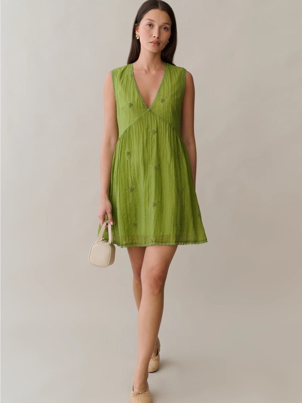 kourt Stefania Grass Green Embroidered Mini Dress