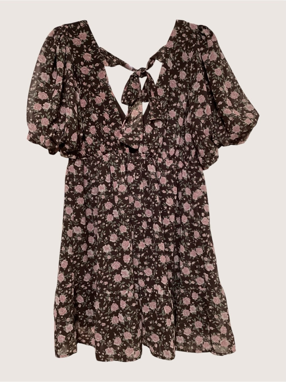 Wine Mauve Rose Print Puff Sleeve Dress
