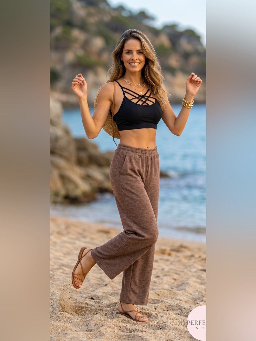 Zenana Black Bralette and Brown Wide-Leg Pants Set