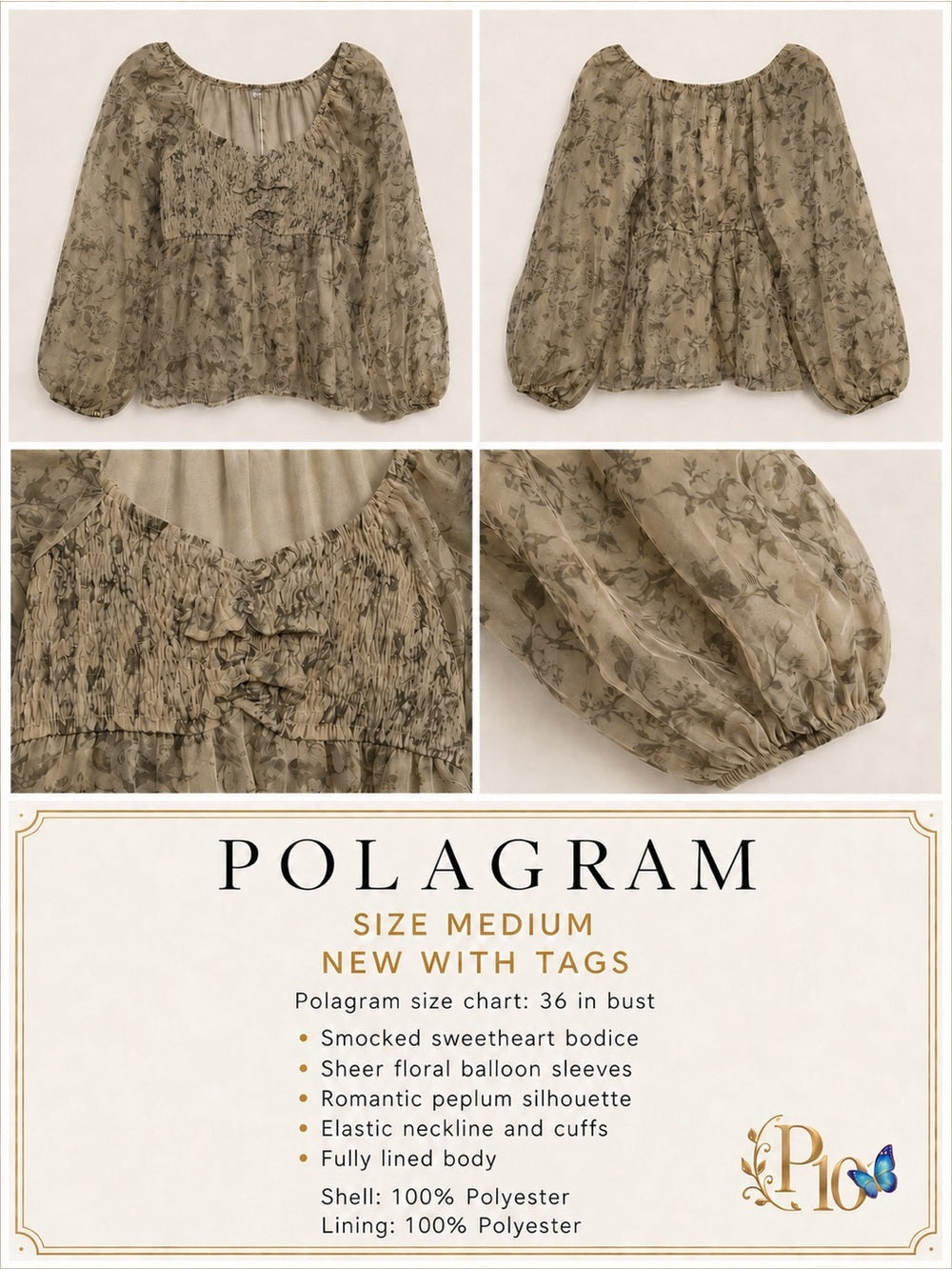Polagram Neutral Floral Smocked Blouse