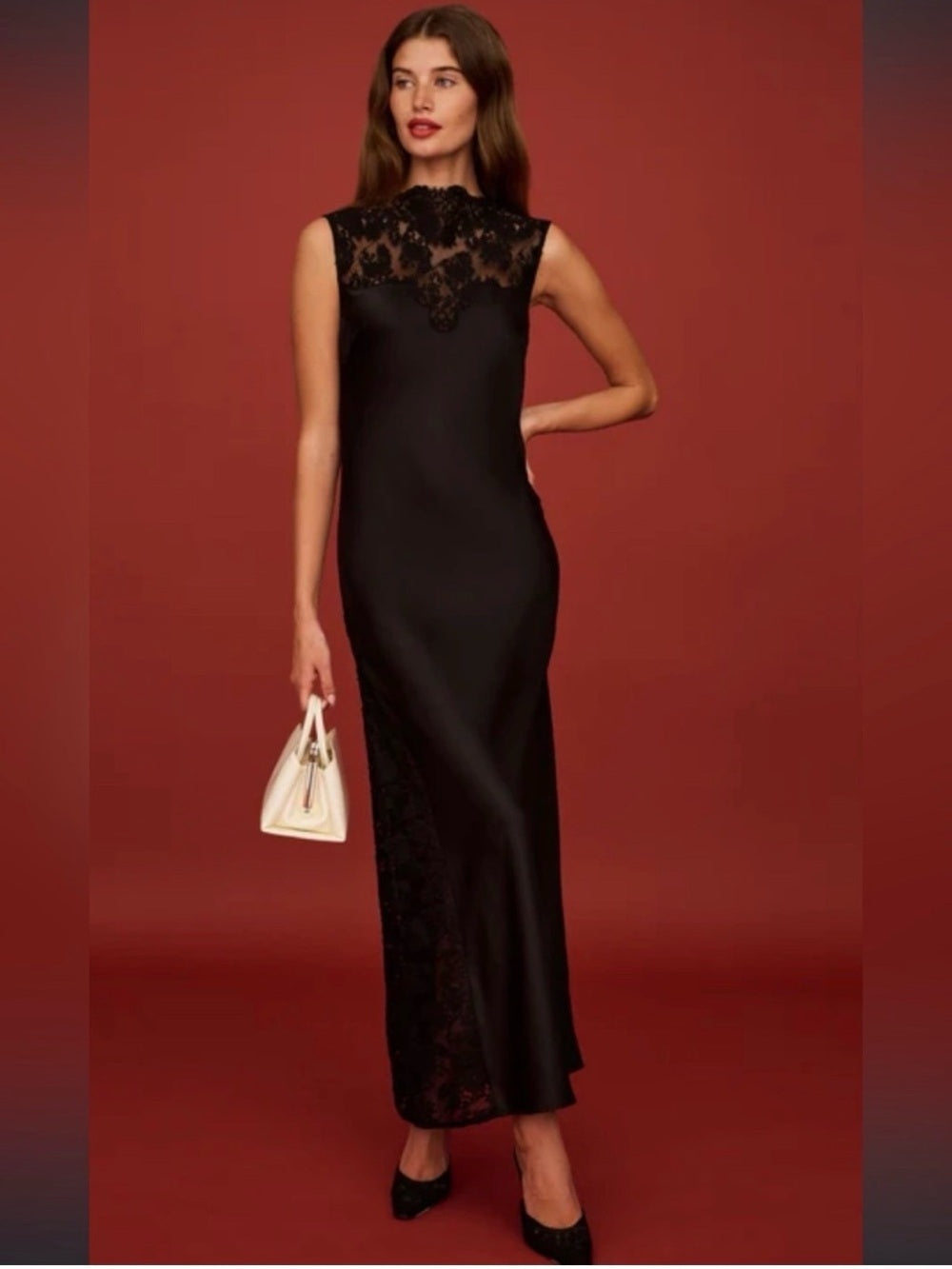 o.p.t Natalia Black Satin Lace Maxi Dress