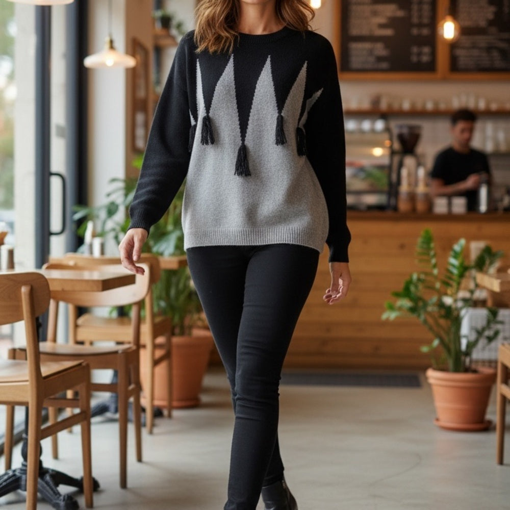 Oceanus Black and Gray Tassel Colorblock Sweater